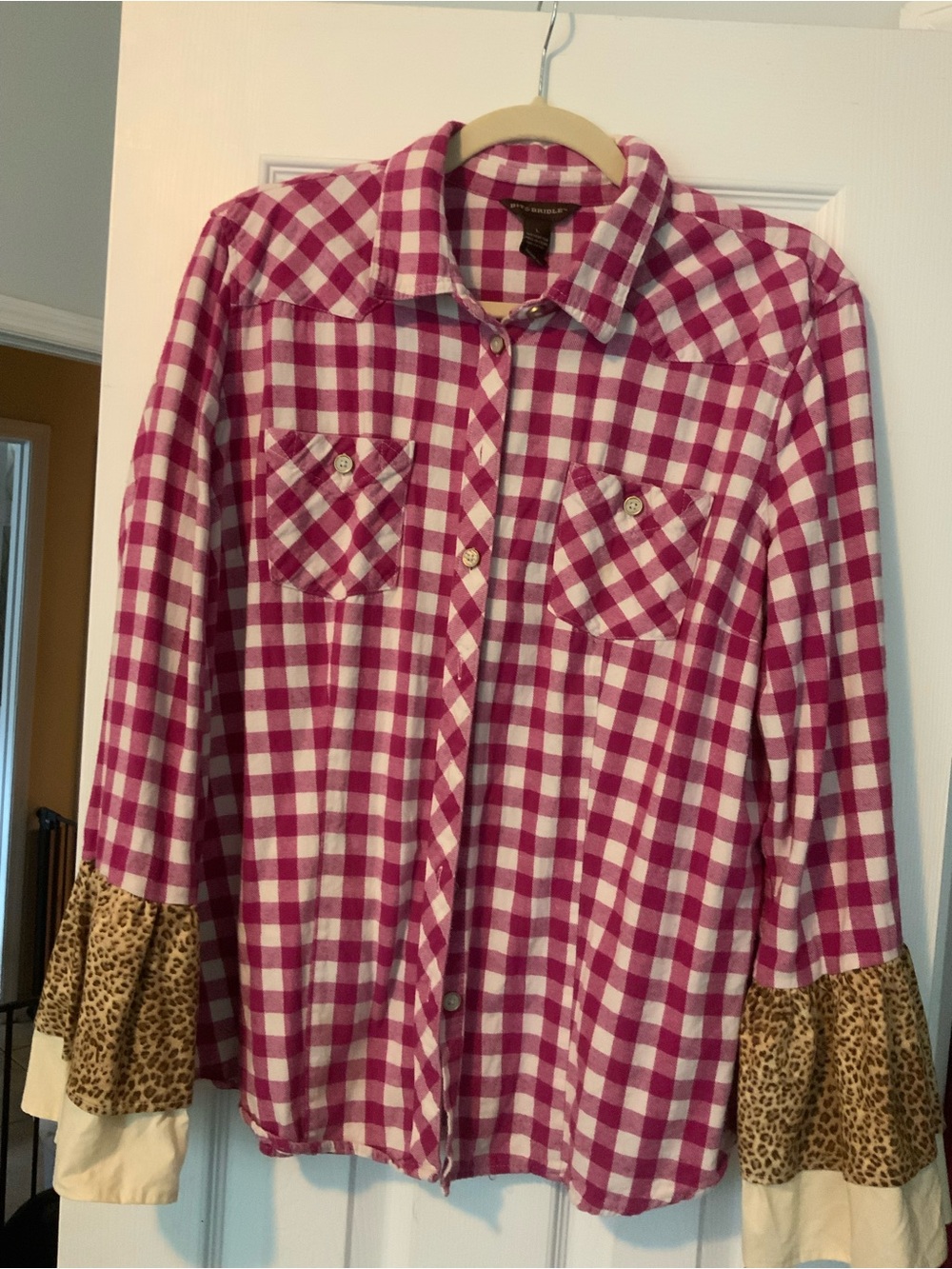 Upcycled Bit & Bridle Fuchsia and White Gingham Button-Up With Leopard Cuffs.